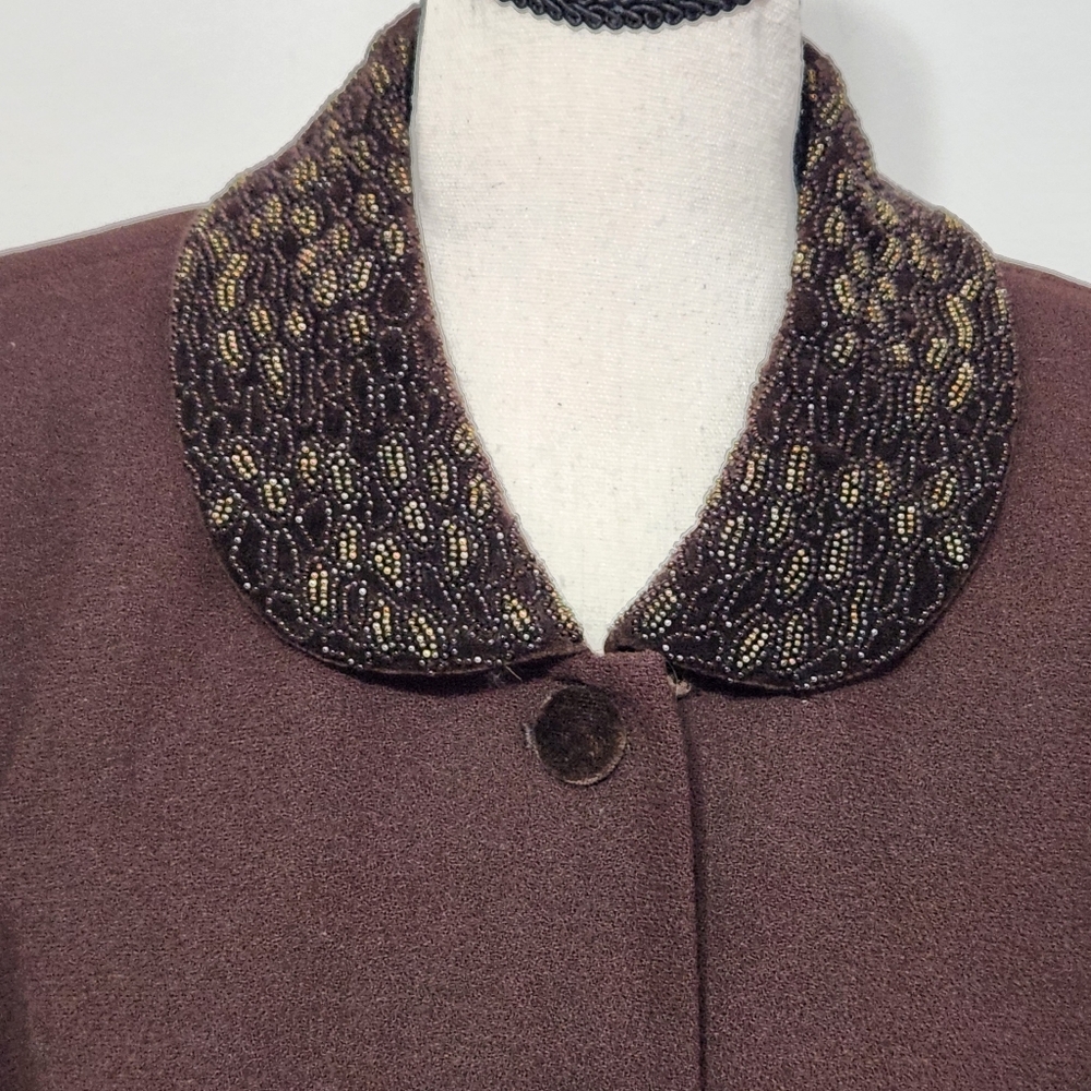 Le Suit Brown Wool Women's Blazer Velvet Buttons Beaded Collar & Cuffs Lined 8 - Picture 6 of 16